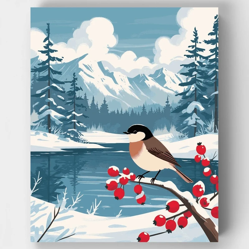 Winter Bird on Berry Branch - Paint by Numbers Kit