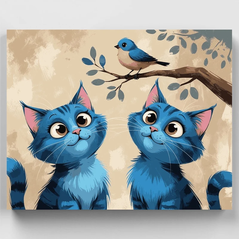 Two Blue Cats and a Bluebird - Paint by Numbers Kit