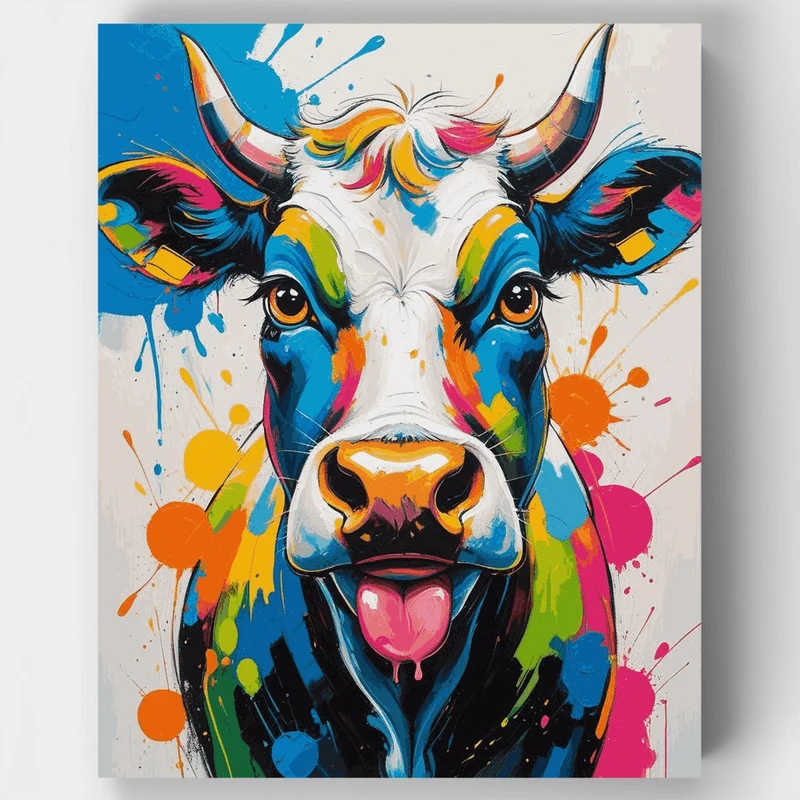 Funny Colorful Cow with Tongue Out - Paint by Numbers Kit
