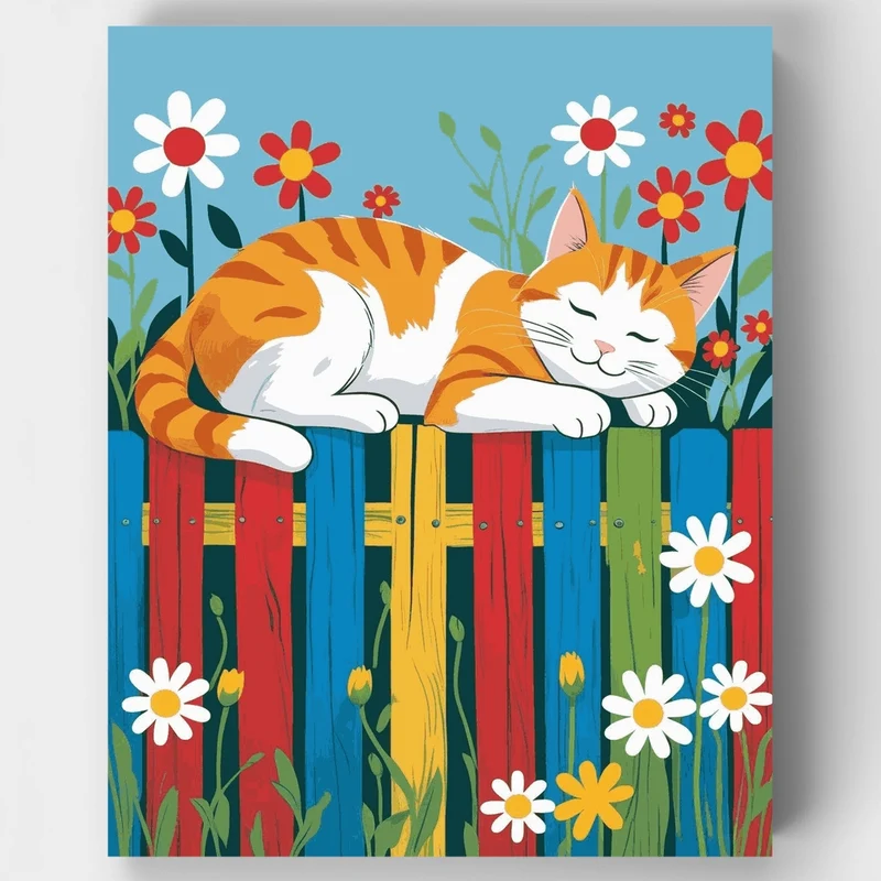 Sleeping Cat on Colorful Fence - Paint by Numbers Kit