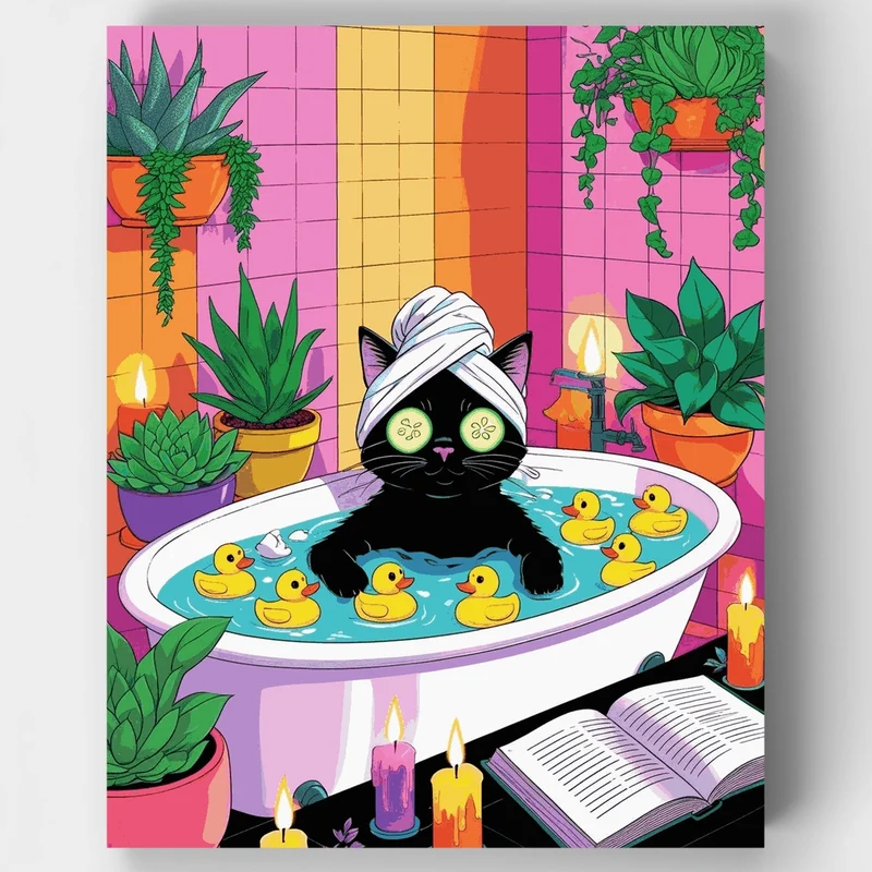 Spa Day Cat with Rubber Ducks - Paint by Numbers Kit