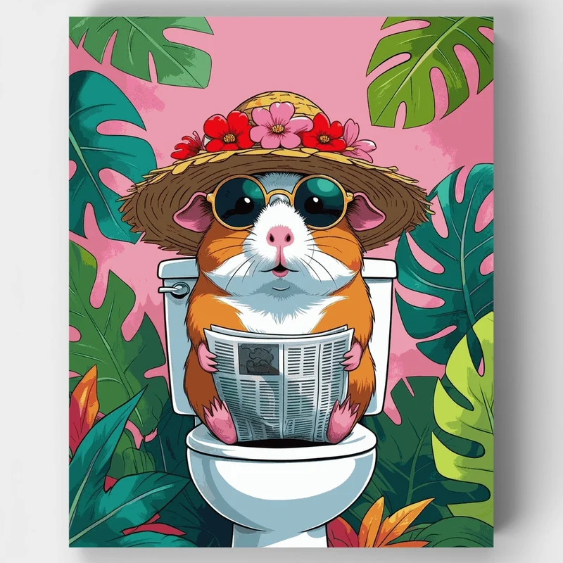 Tropical Guinea Pig on Toilet Reading Newspaper - Paint by Numbers Kit