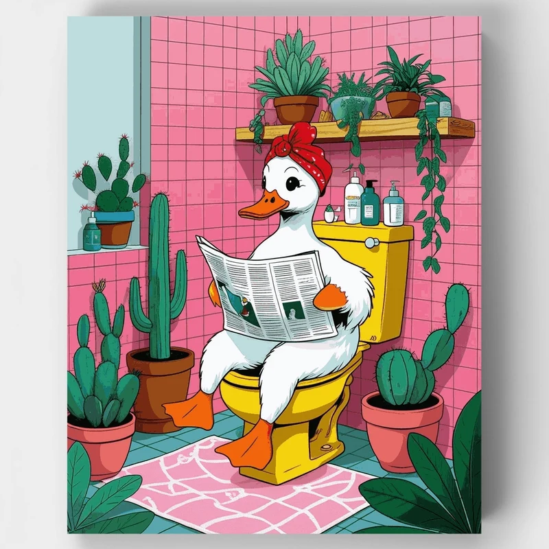 Duck Reading Newspaper in Colorful Bathroom - Paint by Numbers Kit