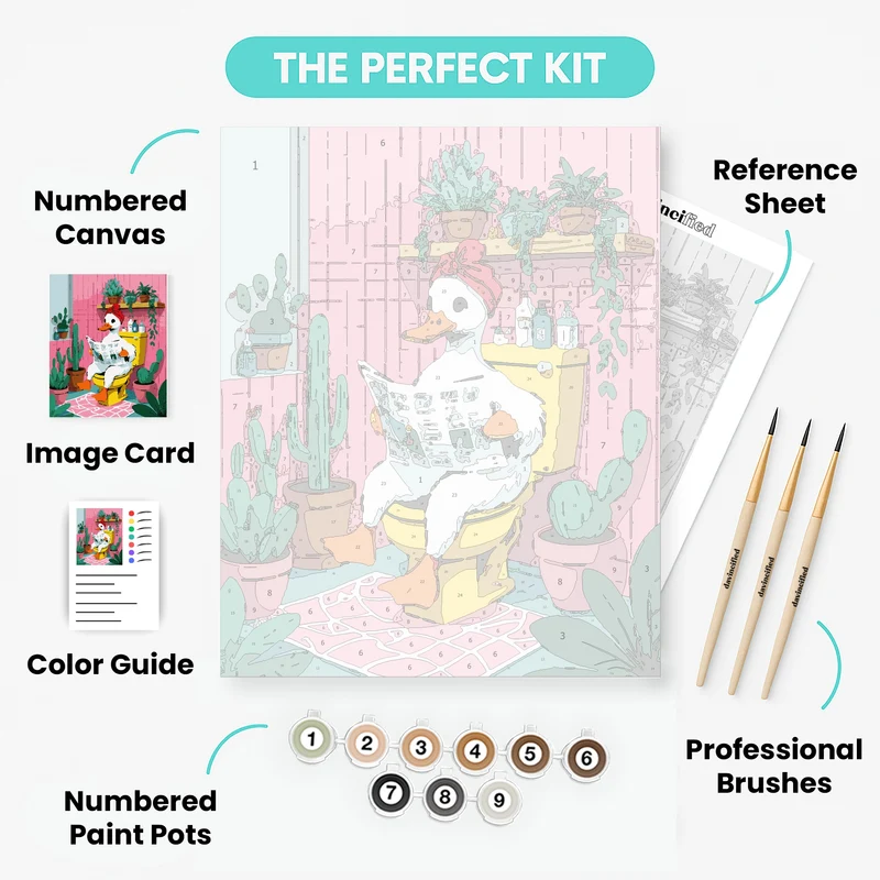Duck Reading Newspaper in Colorful Bathroom - Paint by Numbers Kit