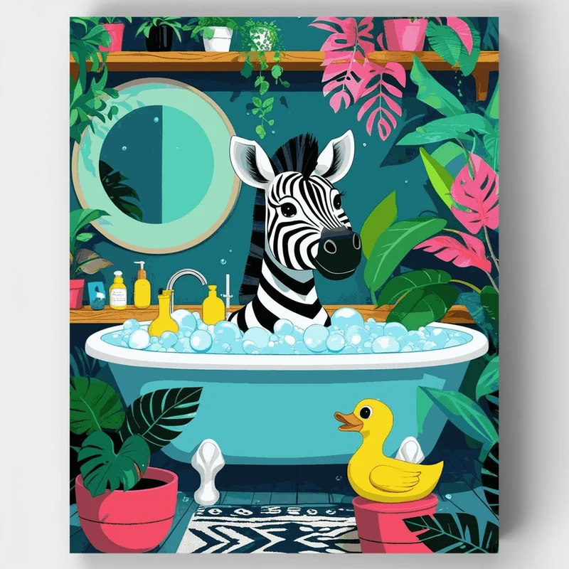 Zebra Bubble Bath Botanical Bathroom - Paint by Numbers Kit