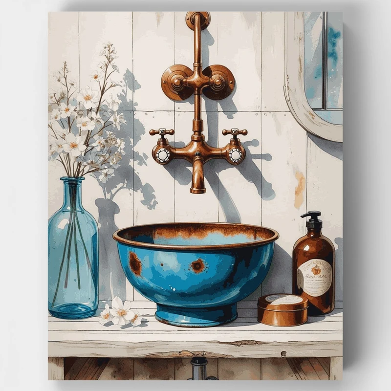 Rustic Blue Bathroom Sink with Copper Faucet - Paint by Numbers Kit