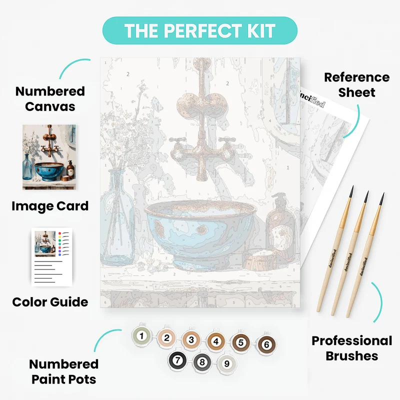 Rustic Blue Bathroom Sink with Copper Faucet - Paint by Numbers Kit