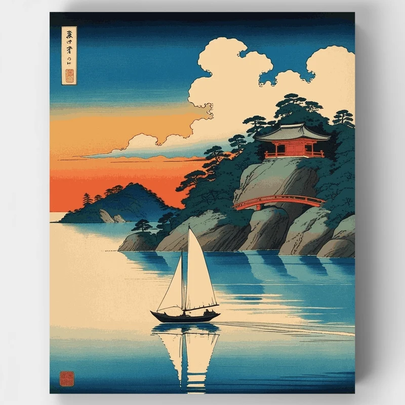 Serene Japanese Coastal Temple at Sunset - Paint by Numbers Kit