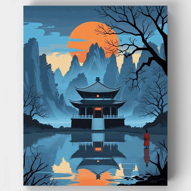 Serene Japanese Pagoda at Twilight - Paint by Numbers Kit