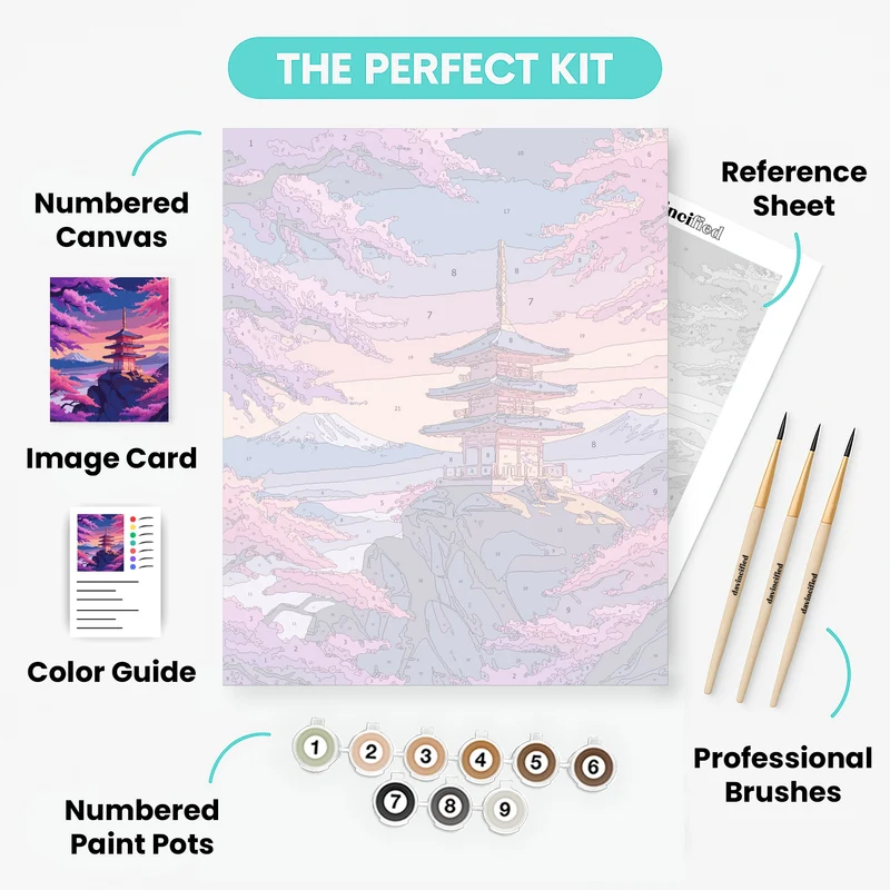 Japanese Pagoda at Cherry Blossom Sunset - Paint by Numbers Kit