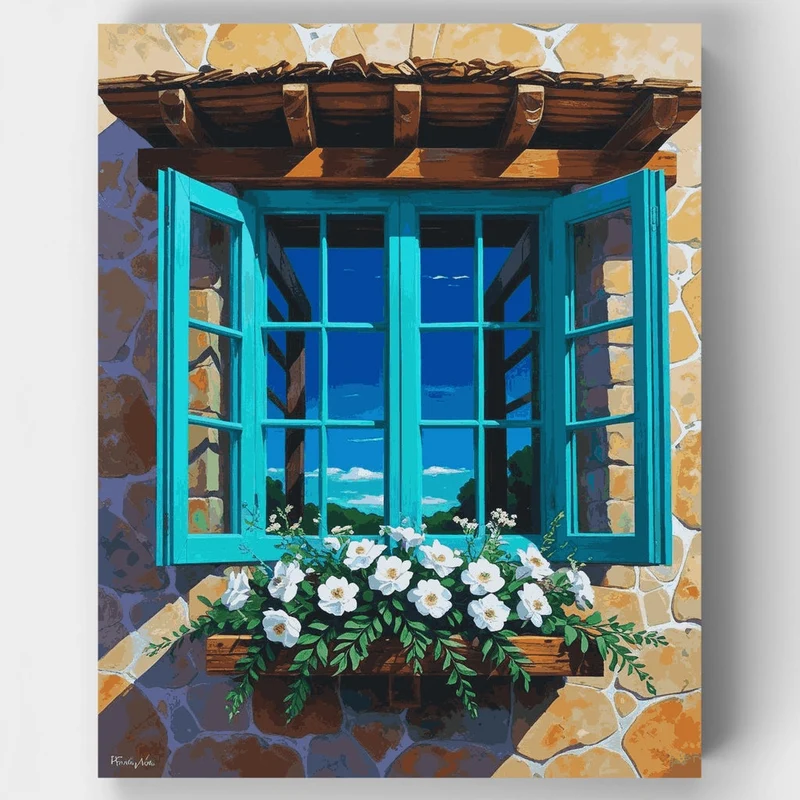 Mediterranean Window with White Flowers - Paint by Numbers Kit