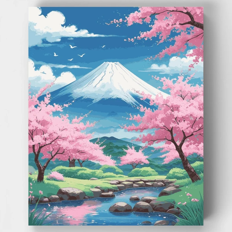 Mount Fuji Cherry Blossom Spring Scene - Paint by Numbers Kit