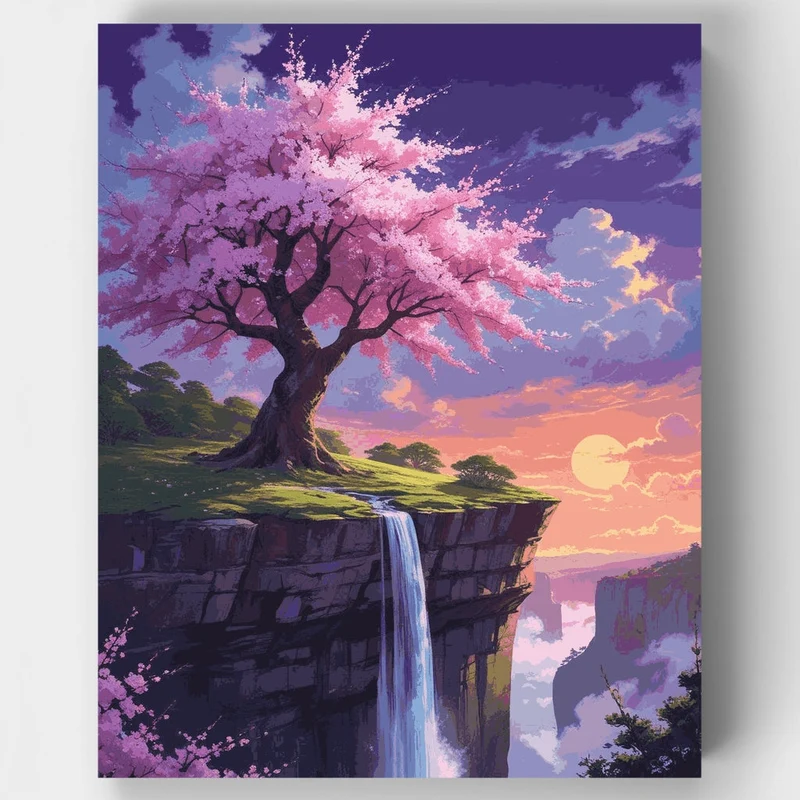 Cherry Blossom Cliff Waterfall - Paint by Numbers Kit