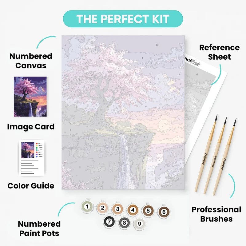 Cherry Blossom Cliff Waterfall - Paint by Numbers Kit