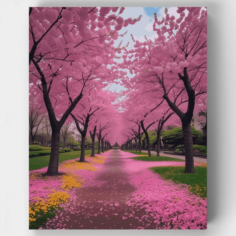 Cherry Blossom Tree-Lined Path - Paint by Numbers Kit