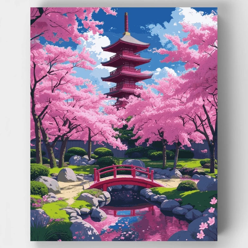 Pagoda Garden with Cherry Blossoms - Paint by Numbers Kit