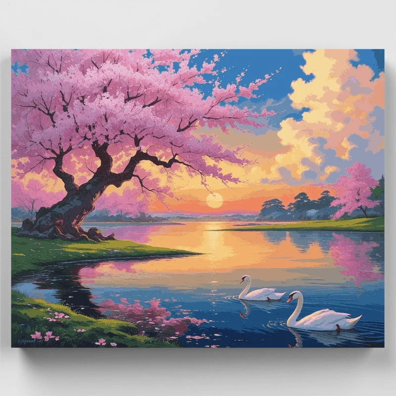Cherry Blossom Sunset Lake with Swans - Paint by Numbers Kit