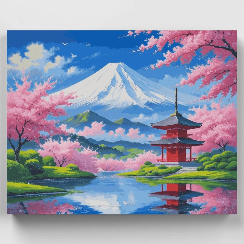 Japanese Cherry Blossom Temple with Mount Fuji - Paint by Numbers Kit