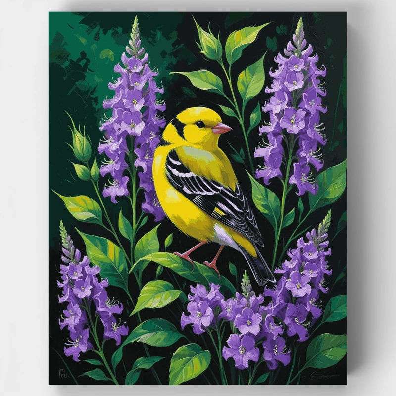 American Goldfinch Among Purple Wildflowers - Paint by Numbers Kit