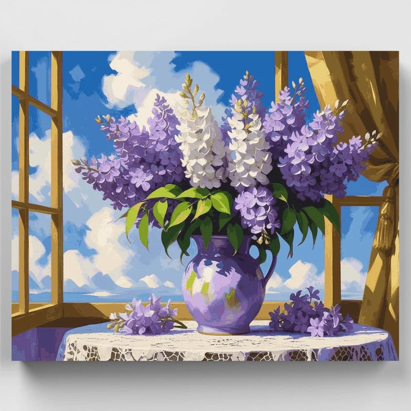 Lilacs in Purple Vase by Window - Paint by Numbers Kit
