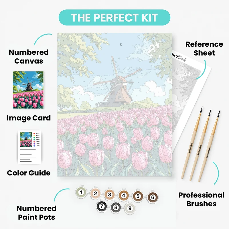 Traditional Dutch Windmill Tulip Field - Paint by Numbers Kit