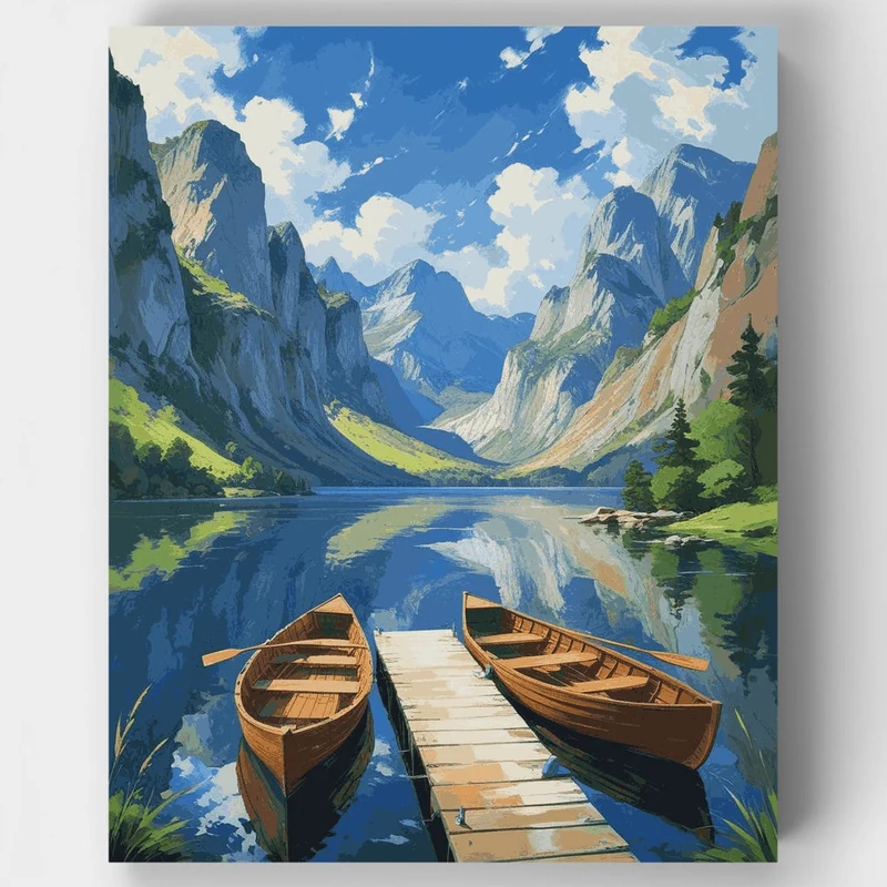 Mountain Lake Rowboats at the Dock - Paint by Numbers Kit