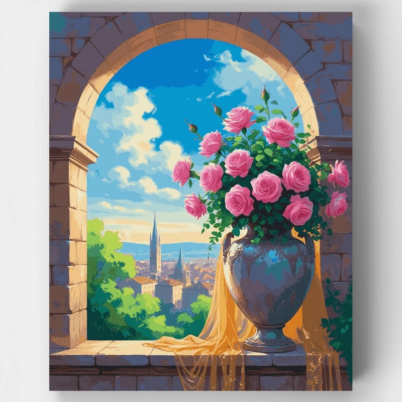 Rose Bouquet by the Arched Window - Paint by Numbers Kit
