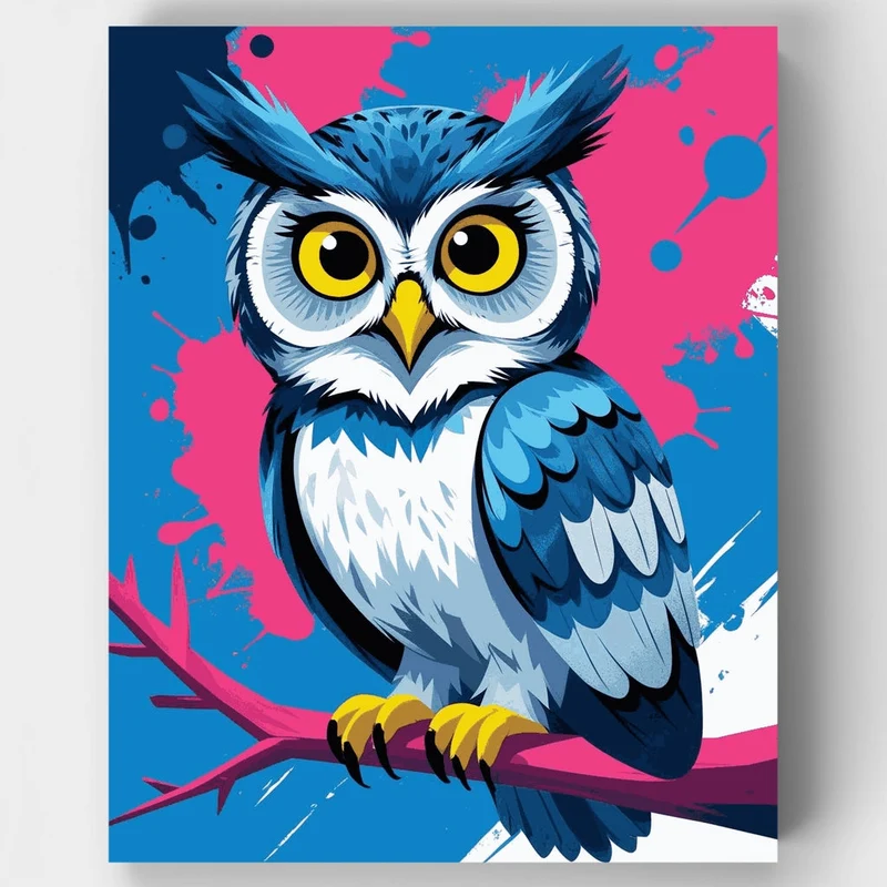Cute Blue Owl on Branch - Paint by Numbers Kit