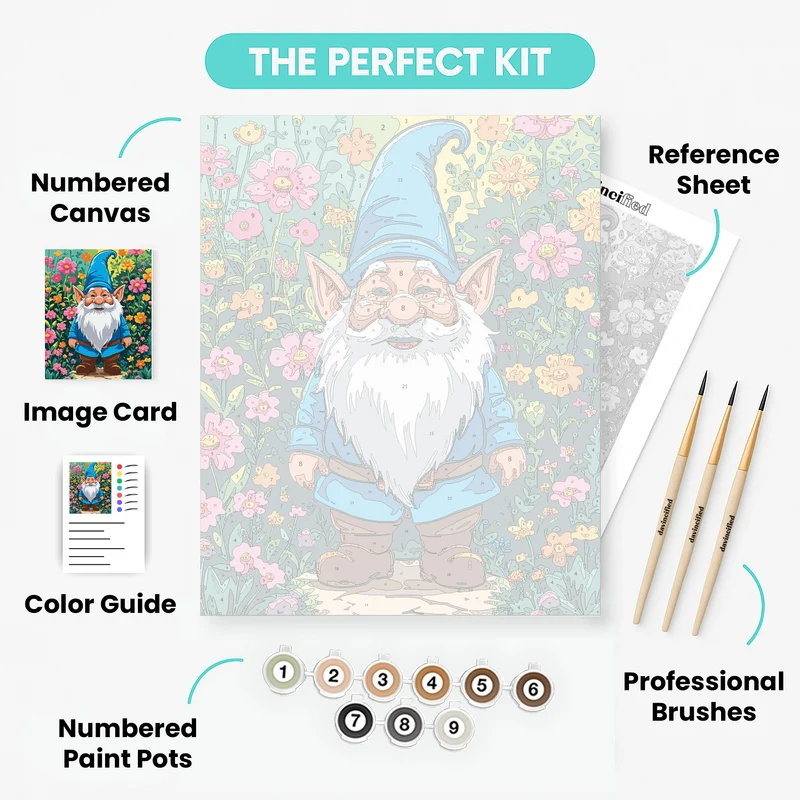 Happy Garden Gnome in Blooming Flower Garden - Paint by Numbers Kit