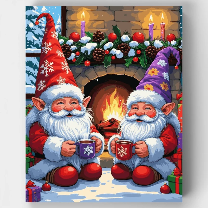 Cozy Christmas Gnomes by the Fireplace - Paint by Numbers Kit