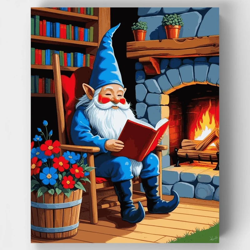 Cozy Gnome Reading by the Fireplace - Paint by Numbers Kit