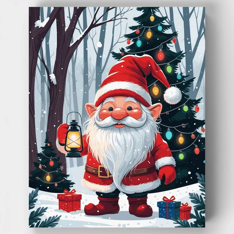 Christmas Gnome with Lantern in Snowy Forest - Paint by Numbers Kit