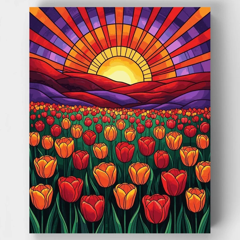 Stained Glass Tulip Field Sunset - Paint by Numbers Kit