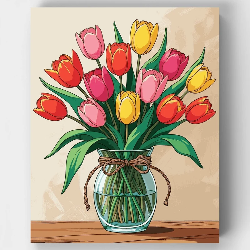 Colorful Tulips in Glass Vase - Paint by Numbers Kit