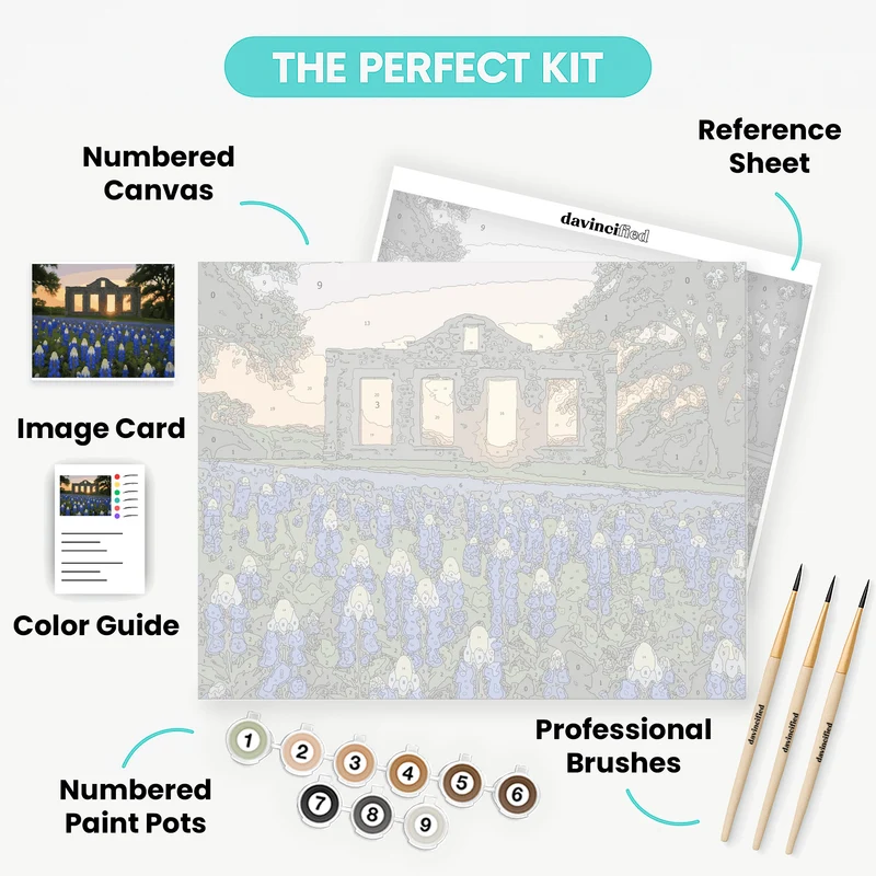 Bluebonnets and Stone Ruins at Sunset - Paint by Numbers Kit