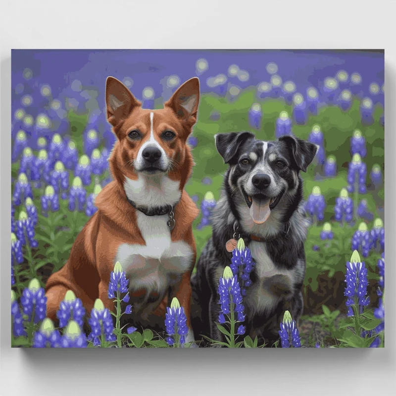 Two Dogs in Bluebonnet Field - Paint by Numbers Kit