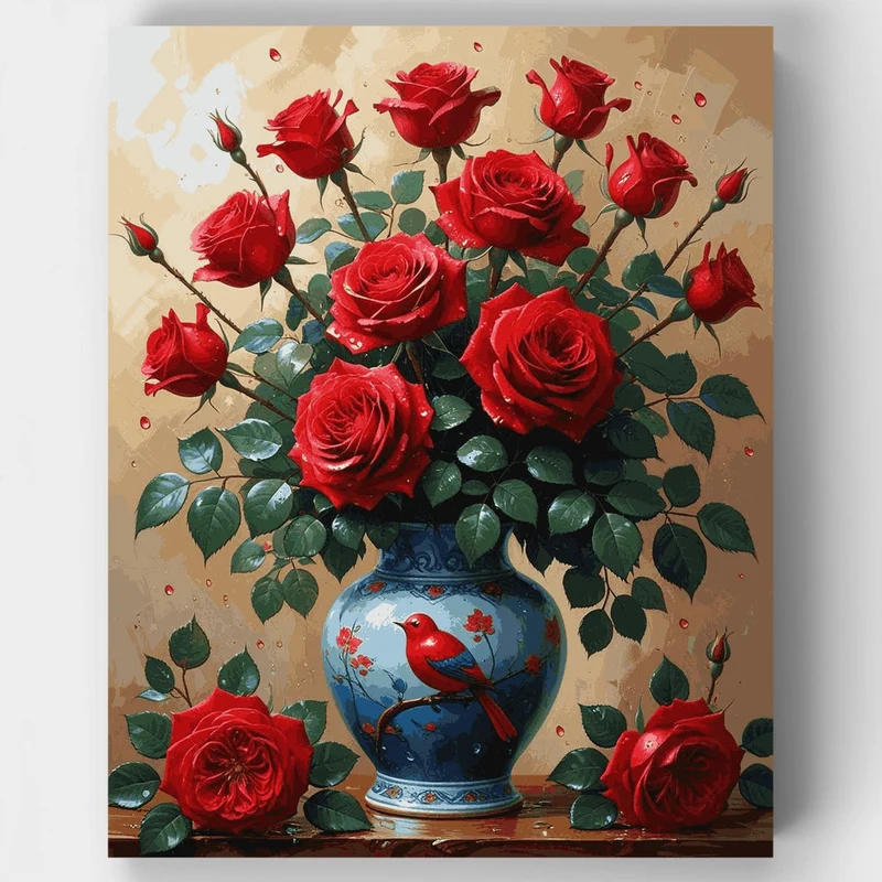 Red Roses in Blue Vase - Paint by Numbers Kit