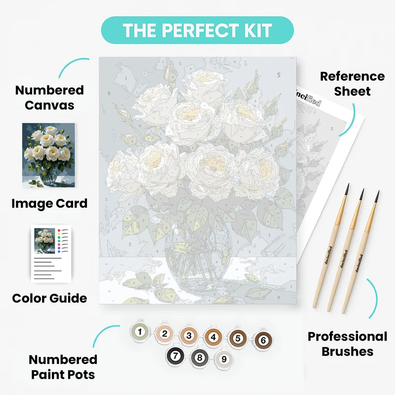 White Roses in Glass Vase - Paint by Numbers Kit