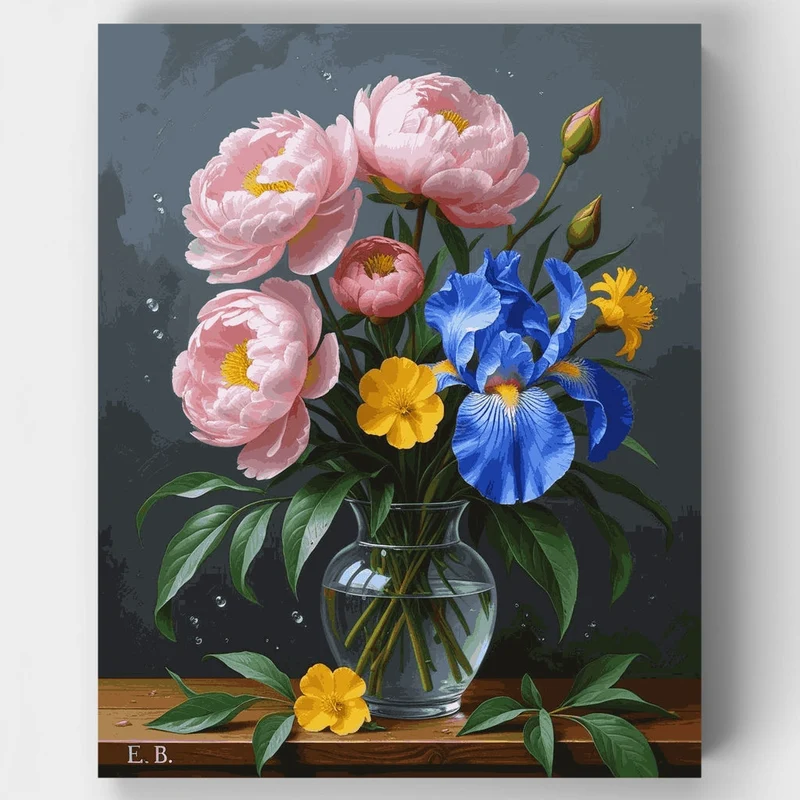 Elegant Mixed Flower Bouquet in Glass Vase - Paint by Numbers Kit