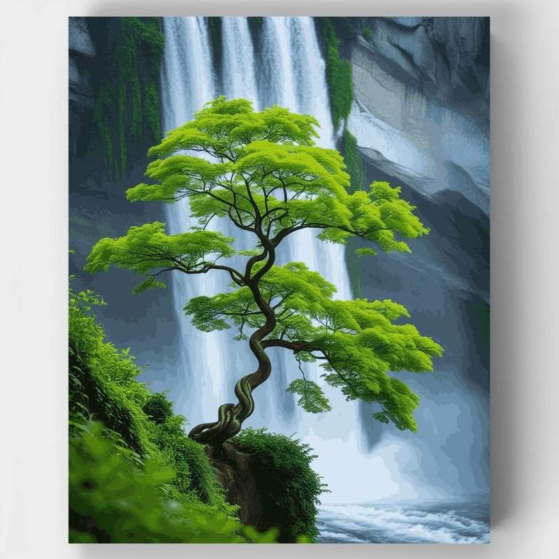 Serene Waterfall with Twisted Tree - Paint by Numbers Kit