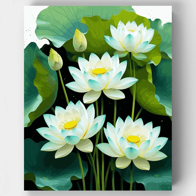 White Lotus Flowers with Large Green Leaves - Paint by Numbers Kit