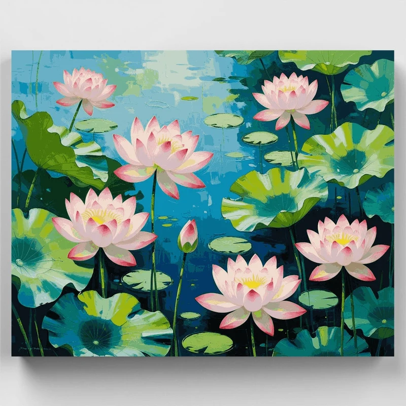 Blooming Water Lilies in Blue Pond - Paint by Numbers Kit