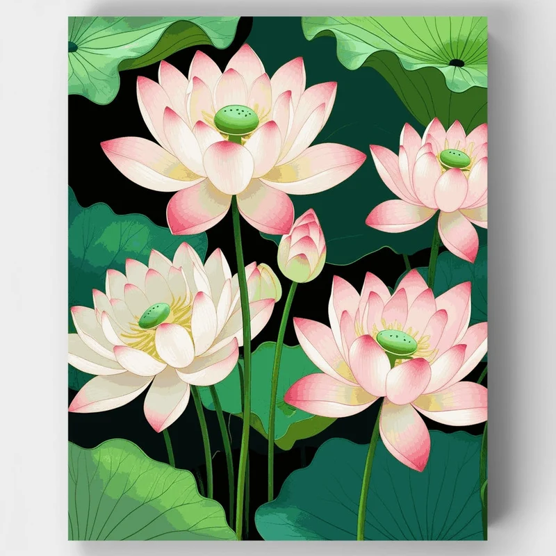 Pink Lotus Flowers in Pond - Paint by Numbers Kit