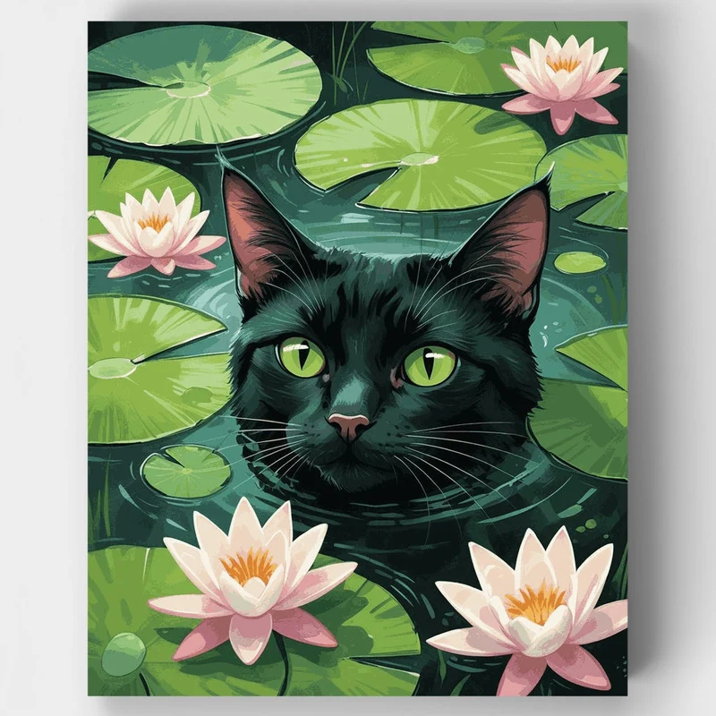 Black Cat Swimming Among Water Lilies - Paint by Numbers Kit