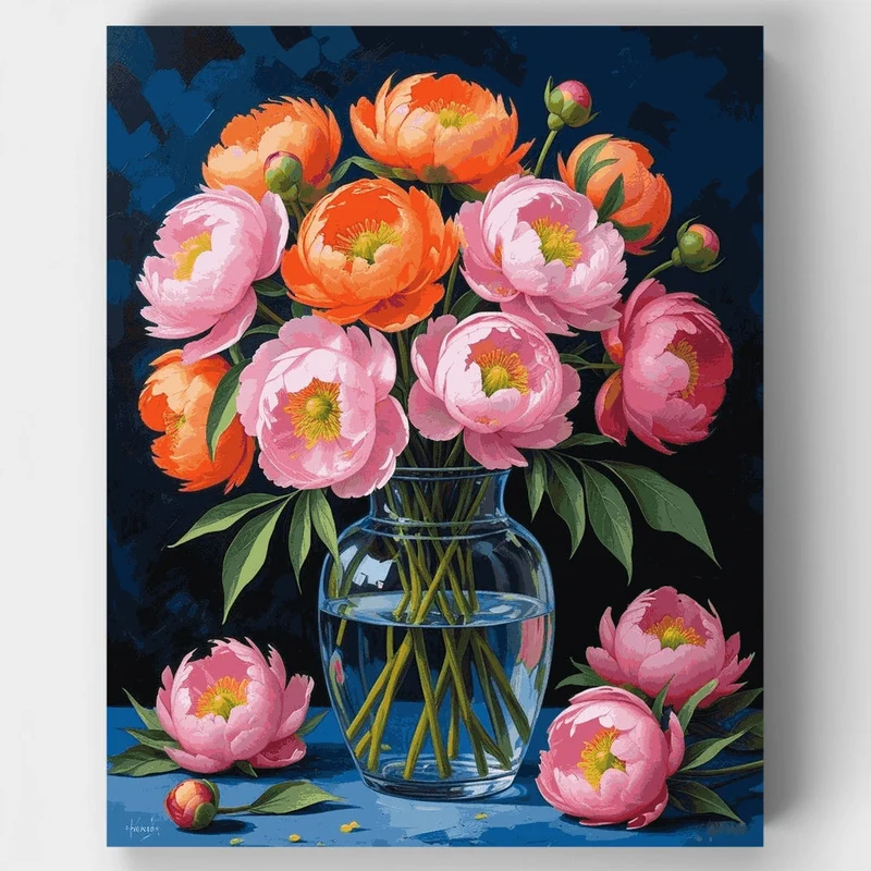 Vibrant Peonies in Glass Vase - Paint by Numbers Kit
