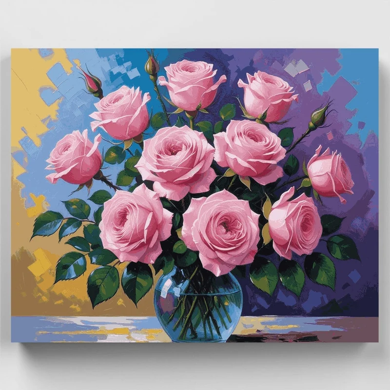 10 Pink Roses in Glass Vase - Paint by Numbers Kit