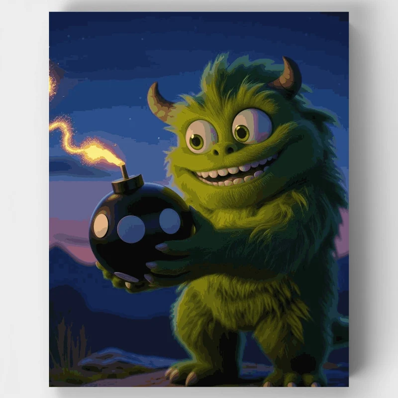 Mischievous Green Monster with Bomb - Paint by Numbers Kit