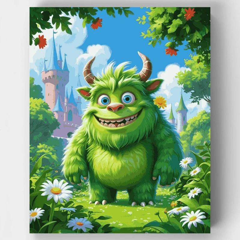 Friendly Green Monster in Enchanted Garden - Paint by Numbers Kit