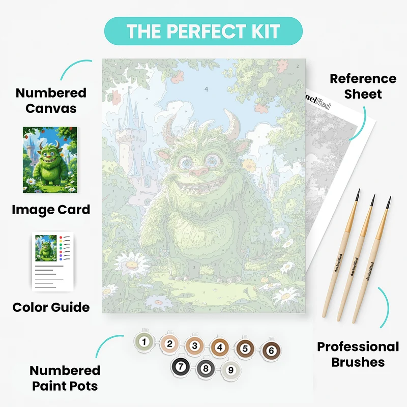 Friendly Green Monster in Enchanted Garden - Paint by Numbers Kit
