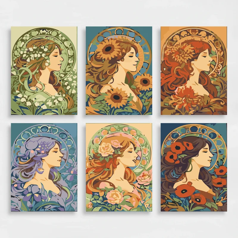 Art Nouveau Floral Maidens - Mini Paint by Numbers Set